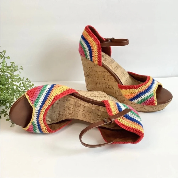 MIA Shoes - MIA Rainbow Crochet Wedge Sandals Platform Cork Heel Ankle Strap Pride B…